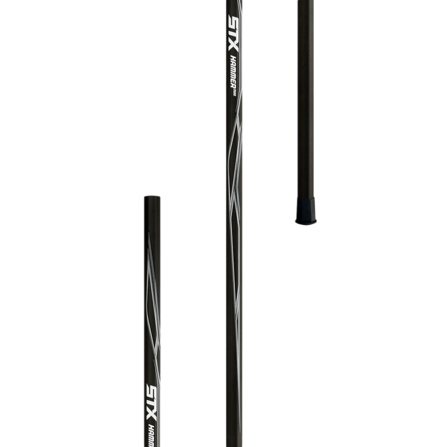 A trio of black lacrosse sticks, featuring the STX Hammer 7000 Defense Lacrosse Shaft, display the "STX" brand with elegant silver design elements. Crafted from sturdy 7075 alloy, the image presents different sections of the sticks set against a green backdrop.