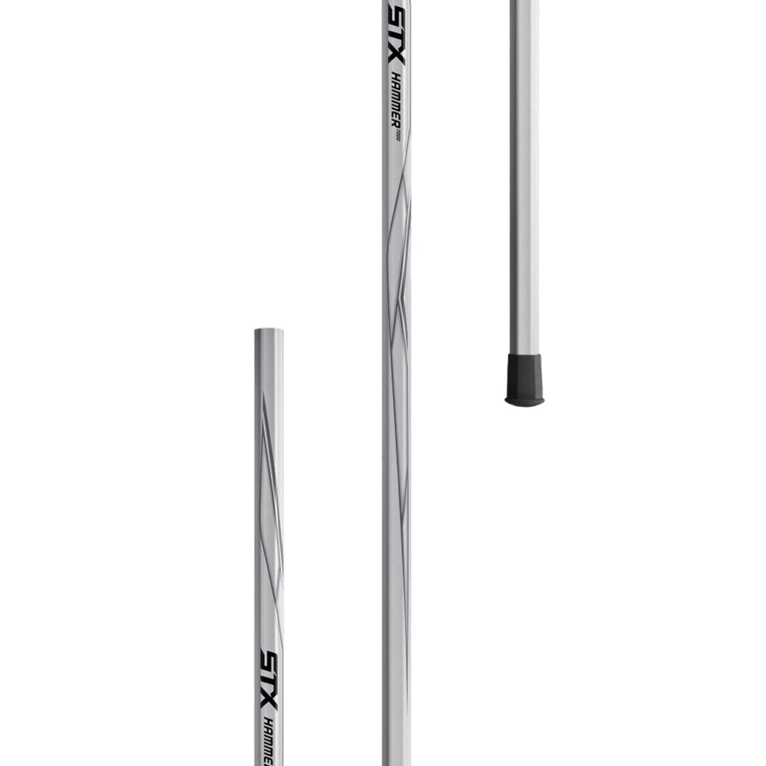 Three views of a defensive lacrosse stick shaft featuring the "HE ADX7 77/BK/BOM" branding. This STX metallic shaft, perfect for beginner long pole players, includes gray accents and comes with a rubber end cap for enhanced grip.