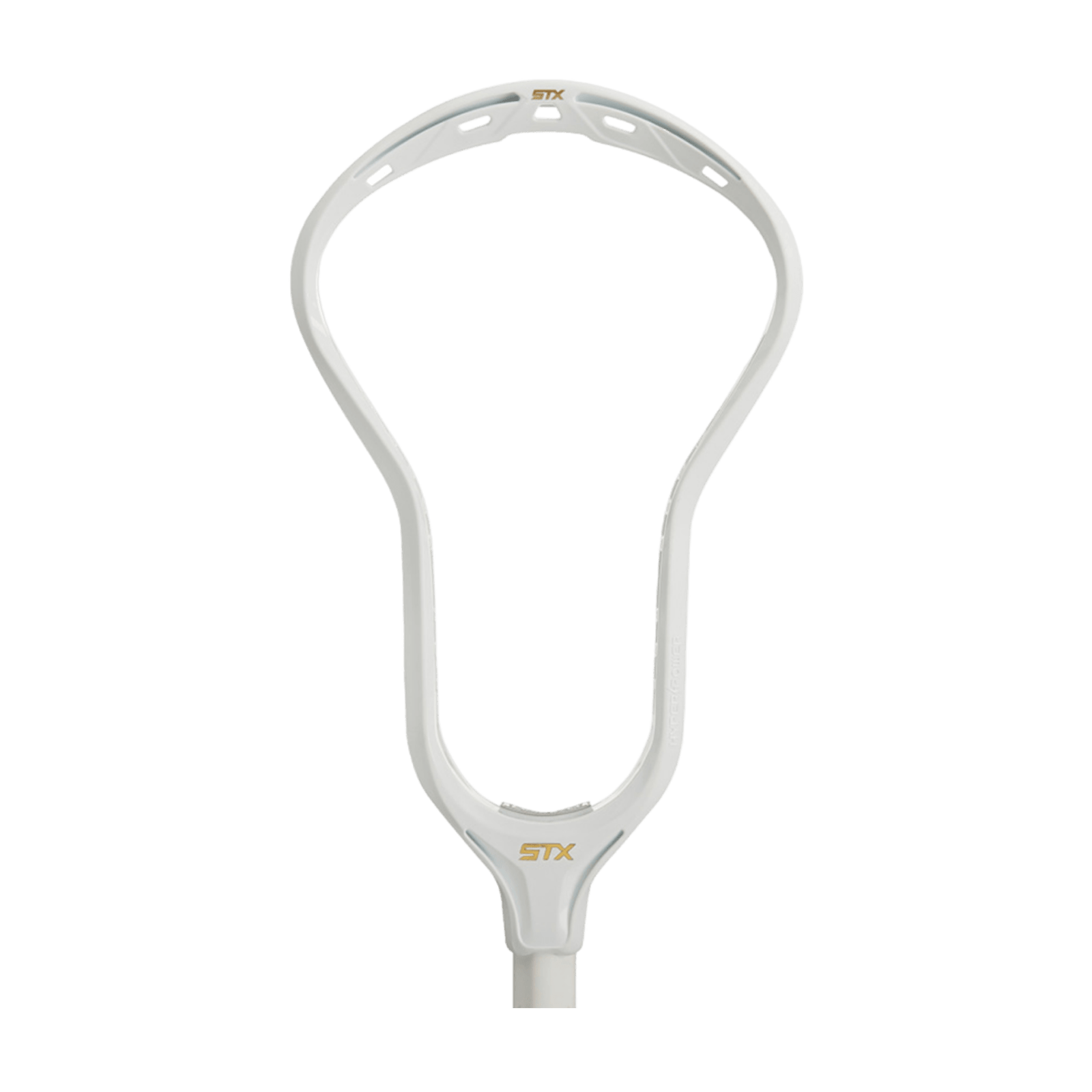 The STX HD HPW2 BK XX/BOM lacrosse stick head is designed in white and prominently displays the STX logo at its base. It features EnduraForm technology, which enhances durability, all set against a plain background.