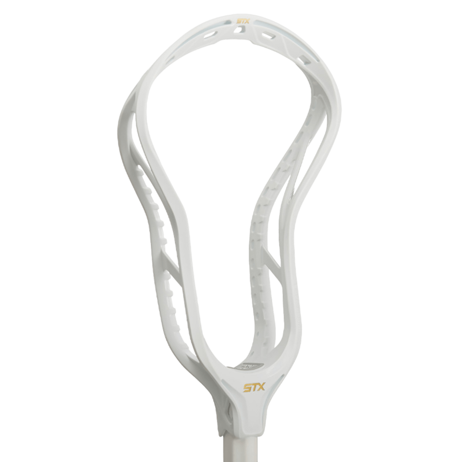 The STX Hyper Power Lacrosse Head features a sleek white design with the iconic STX logo and offers numerous stringing holes for net customization. It's enhanced with EnduraForm technology, ensuring ultimate performance in lacrosse sports equipment.