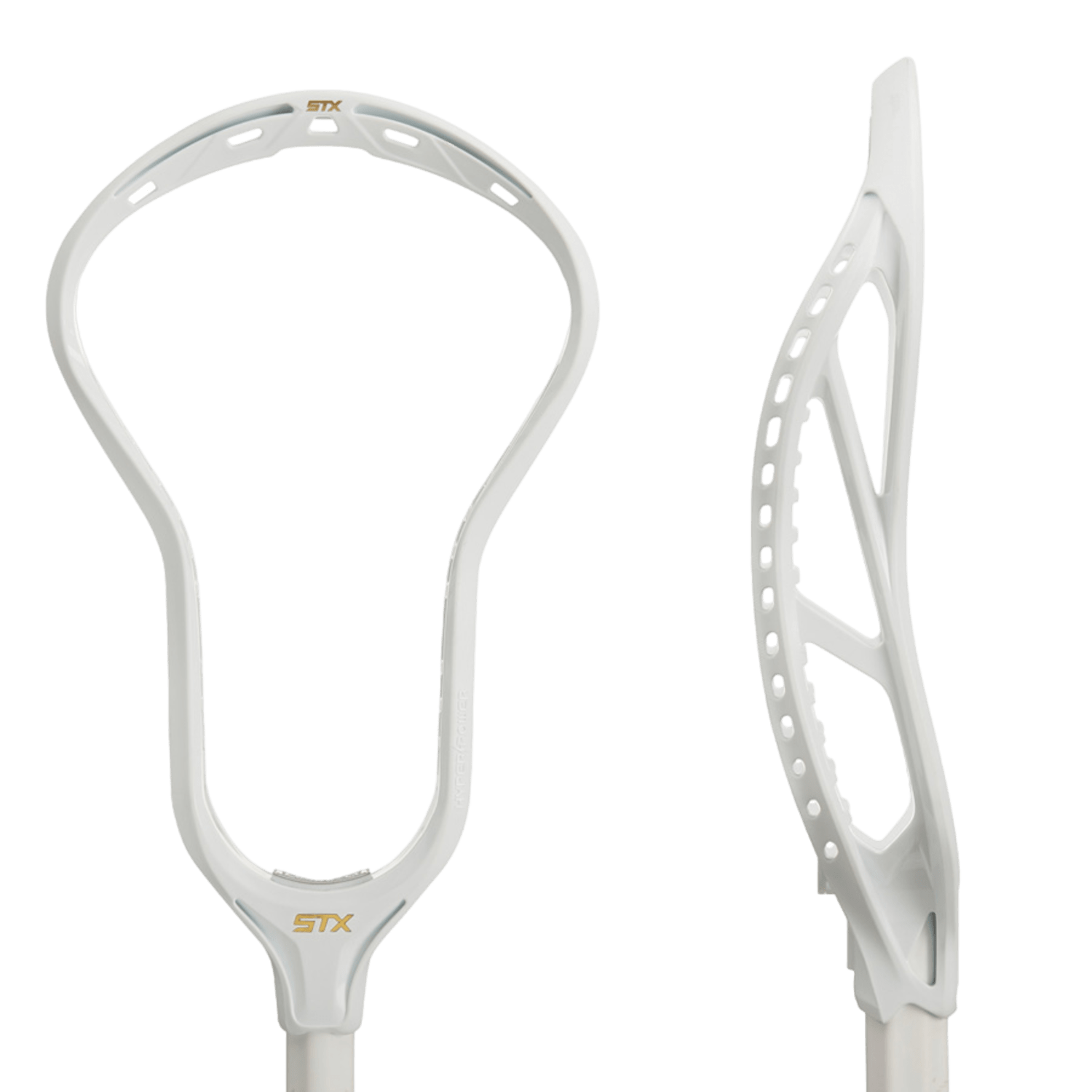 The STX Hyper Power Lacrosse Head is displayed with the front view on the left and the side view on the right. The STX brand name can be seen near the base of this lacrosse head. It features a design with multiple stringing holes and utilizes EnduraForm technology for enhanced performance.