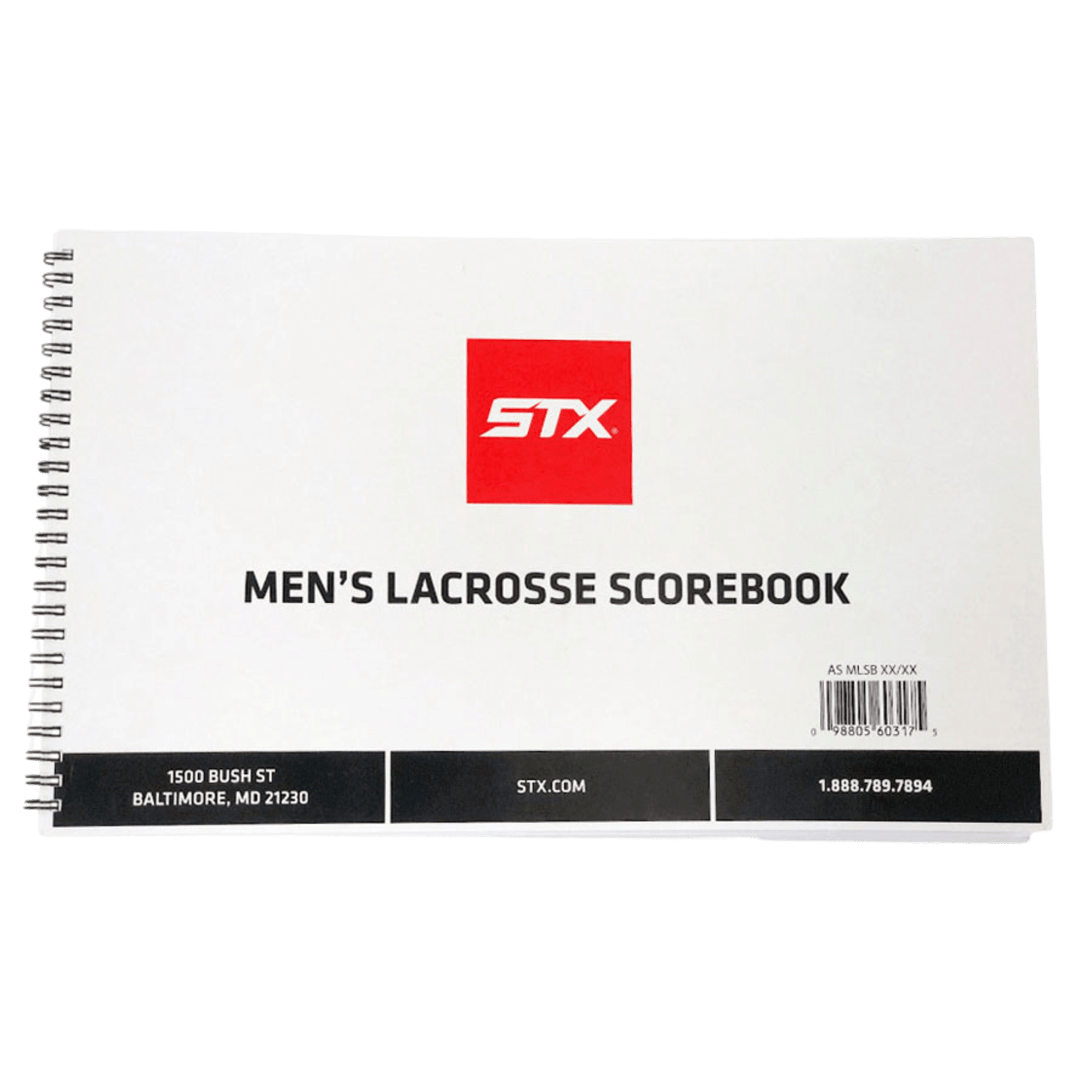The STX Men's Lacrosse Scorebook is a spiral-bound scorebook designed for men's games, featuring the bold red "STX" logo. Easily maintain game records and contact information is readily available: 1500 Bush St, Baltimore, MD 21230; website: STX.com; phone: 1-888-789-7894.