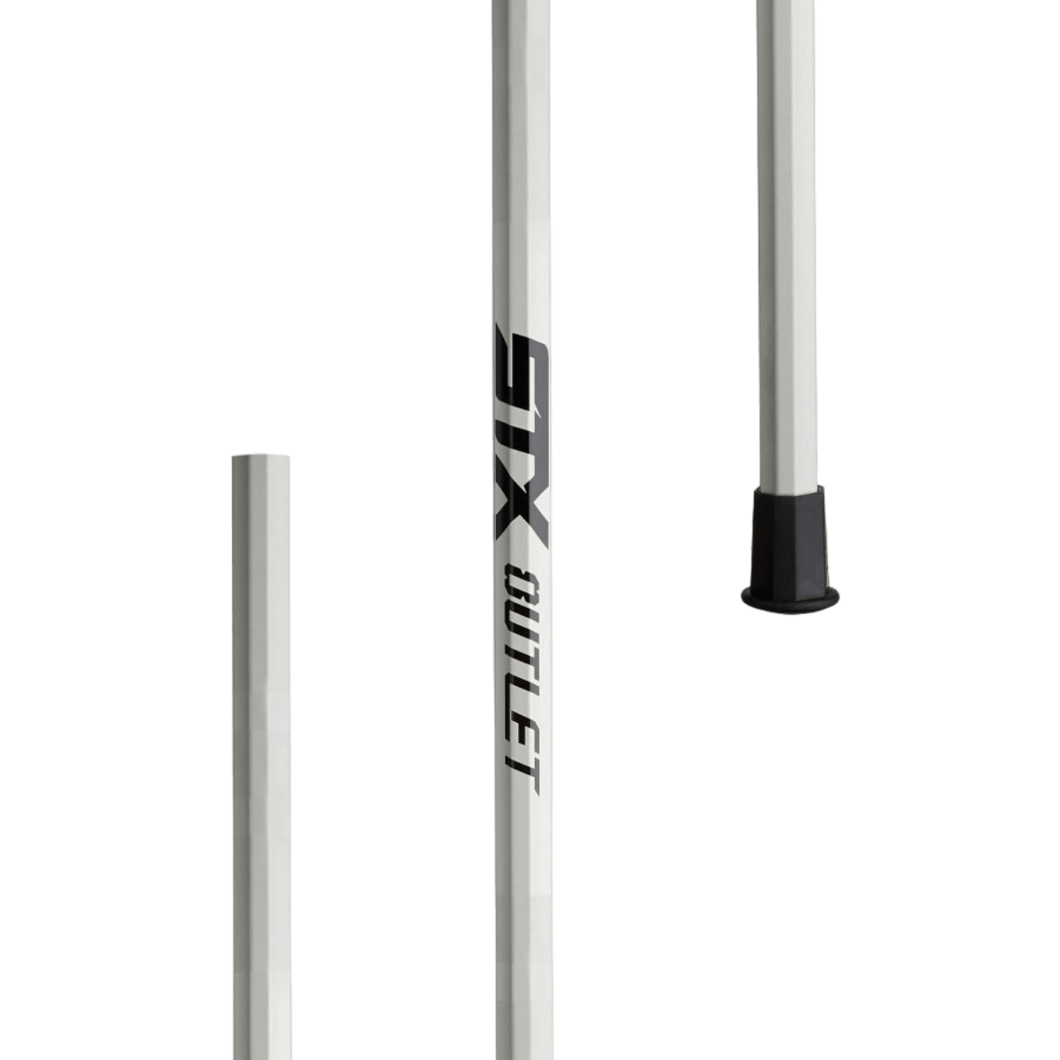 Close-up of an STX Outlet Goalie Shaft in silver, designed to enhance play with its improved grip and ball twist prevention. The lacrosse stick's components are distinctly shown against a transparent background, highlighting the "STX" branding.