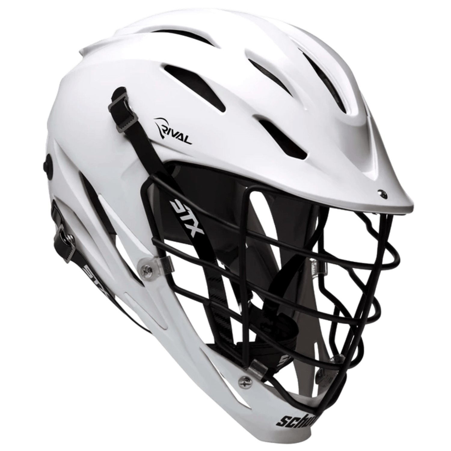 The STX Rival Lacrosse Helmet features a stylish white design with a black face mask and chin strap. It incorporates advanced STX protection, includes air vents for excellent ventilation, and has branded labels on the sides.