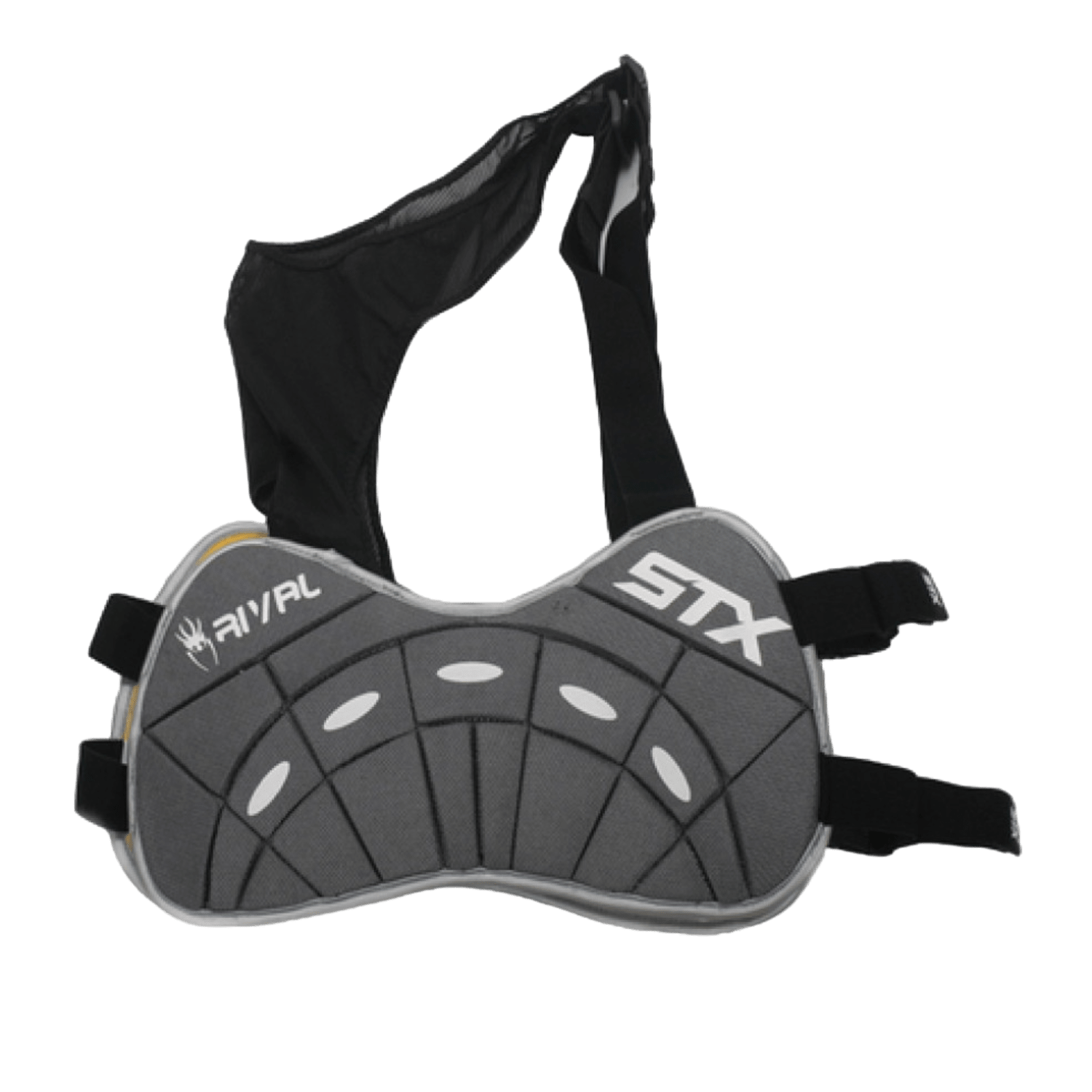 The STX Rival Rib Pads in black and gray provide impact protection with dual-density foam. They come with adjustable black straps, a patterned front design, and an integrated rib pad for enhanced safety.