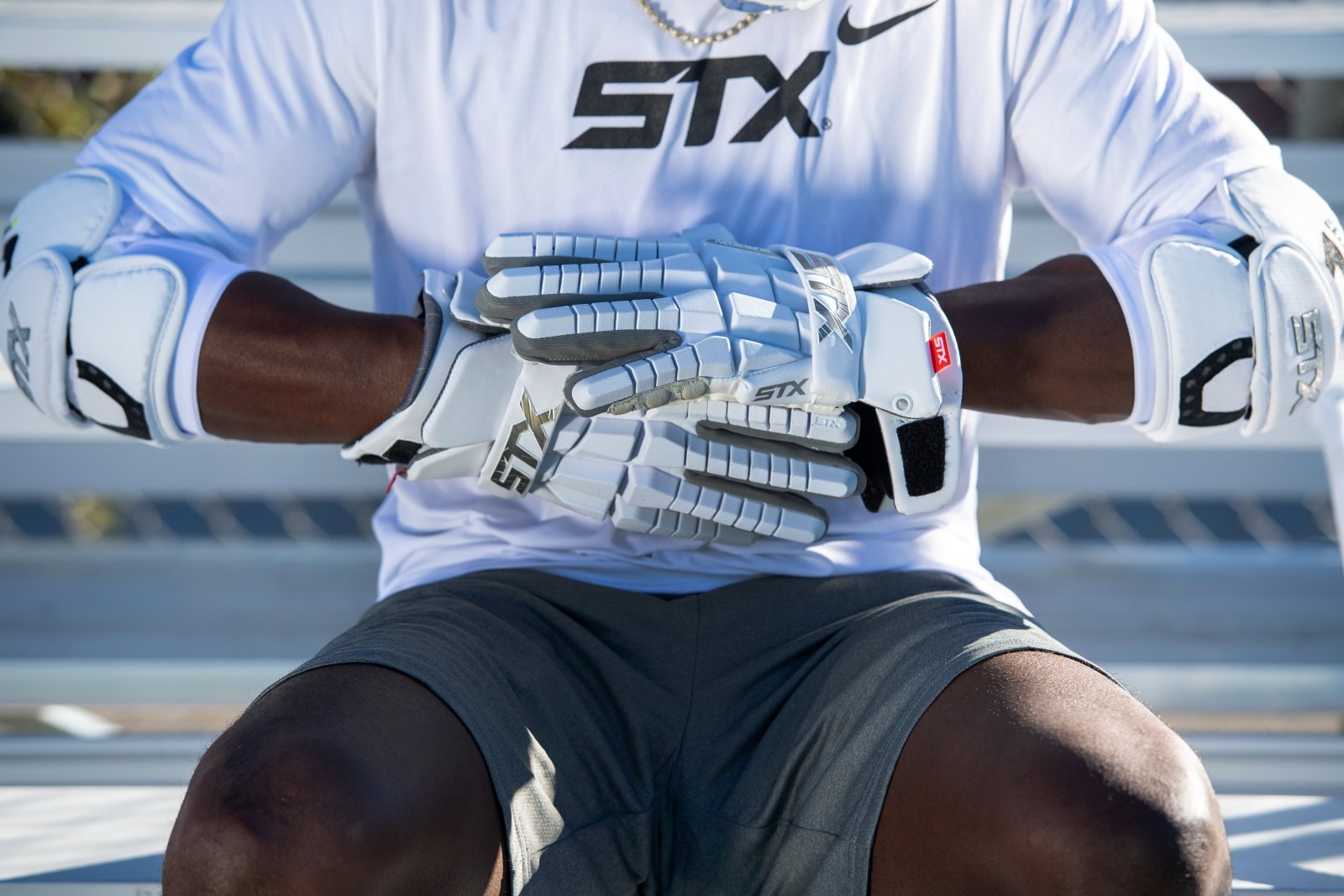 STX RZR2 Lacrosse Gloves Men's Gloves White/Carolina Lax.com