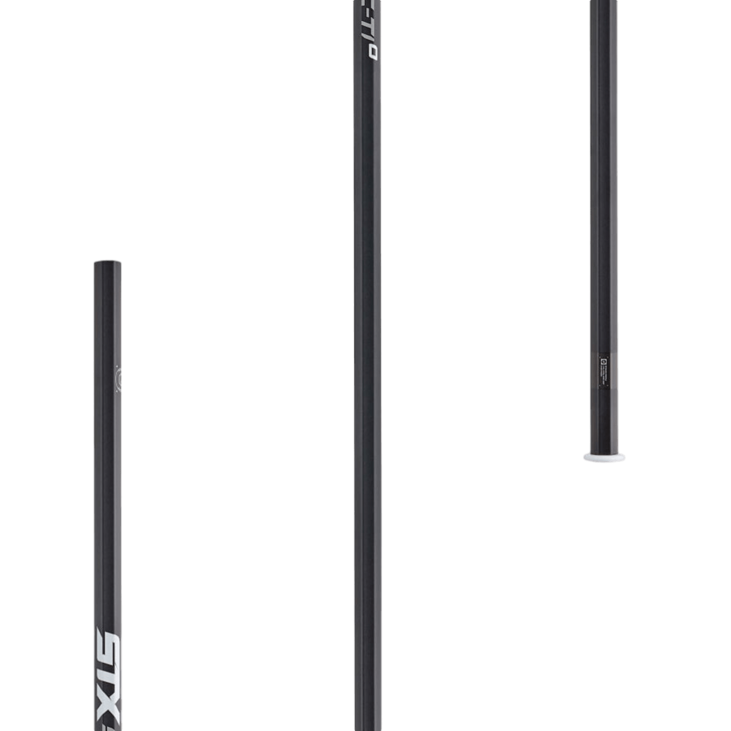 The image features two STX Sc-Ti O Defense Lacrosse Shafts. The shaft on the left side is displayed horizontally, and the one on the right is standing vertically, prominently displaying the "STX" logo at its top. Both shafts offer a superior strength-to-weight ratio and have a non-slip grip, set against a transparent background.