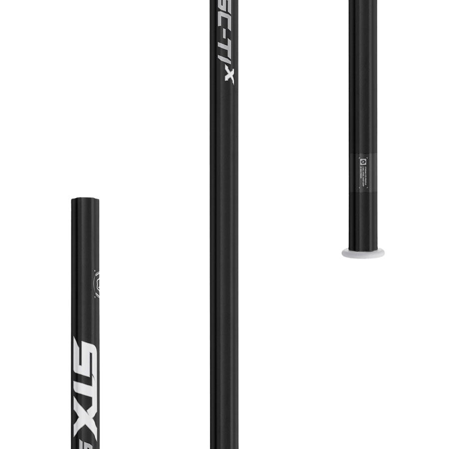 The STX Sc-Ti X Lacrosse Shaft, by STX, is available in black with striking white text that accentuates its modern design. Photographed against a simple backdrop, the images highlight different perspectives and ends, focusing on the cutting-edge Sci-Ti technology that boosts performance.