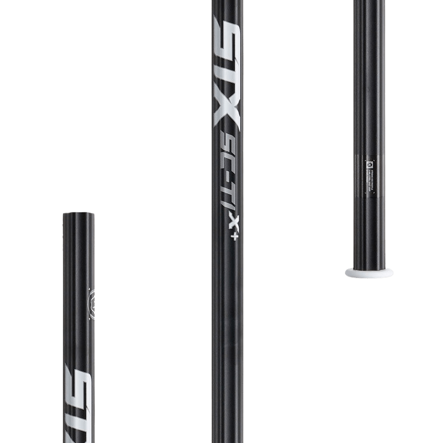 Three black HE AAX1 56/BK/BOM components from STX, featuring white text, are displayed on a light green background. The largest component has "SIXX SCT X+" written vertically, resembling a lacrosse shaft. These parts, likely sports equipment elements, offer an impressive strength to weight ratio for optimal performance.