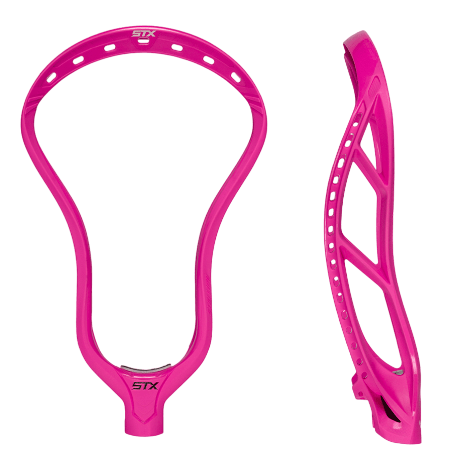 Two views of the vibrant STX Stallion 1K - LE SummerAde lacrosse head: one frontal and one side profile. This design by STX incorporates EnduraForm technology for enhanced durability, features multiple stringing holes, and proudly displays the logo near the base.