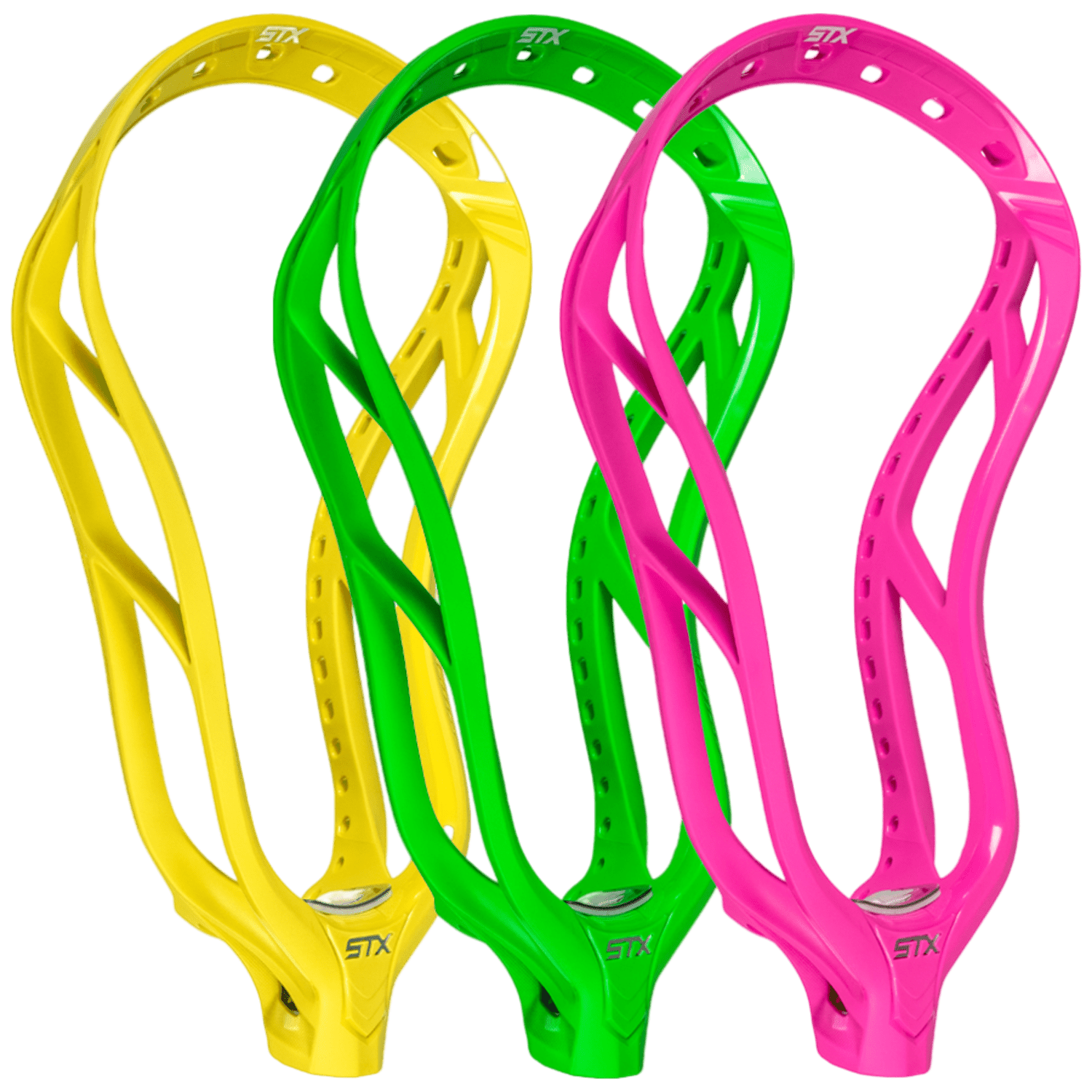 The STX Stallion 1K - LE SummerAde Lacrosse Heads in yellow, green, and pink are showcased side by side. Each head displays aerodynamic shapes, intricate perforations, and the distinctive "STX" logo at the base. Enhanced with the innovative Speed Scoop design for improved playability, these heads are crafted using EnduraForm technology to ensure durability in any setting.