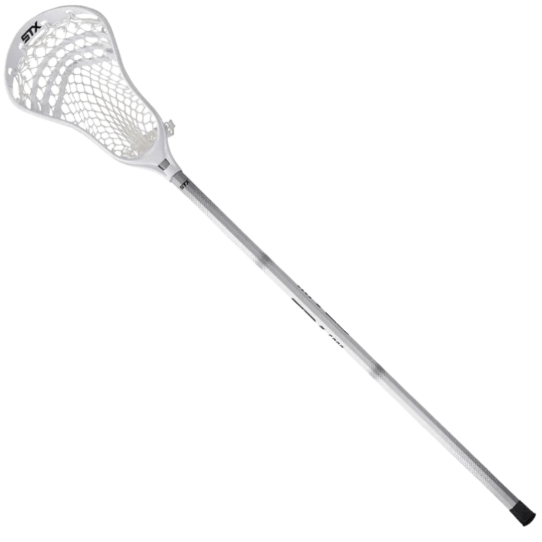 The STX Stallion 200 Complete Stick, ideal for a young player learning lacrosse, is silver with a white mesh net and features a diagonal angle. The STX brand is prominently displayed near the top of this beginner-friendly stick.