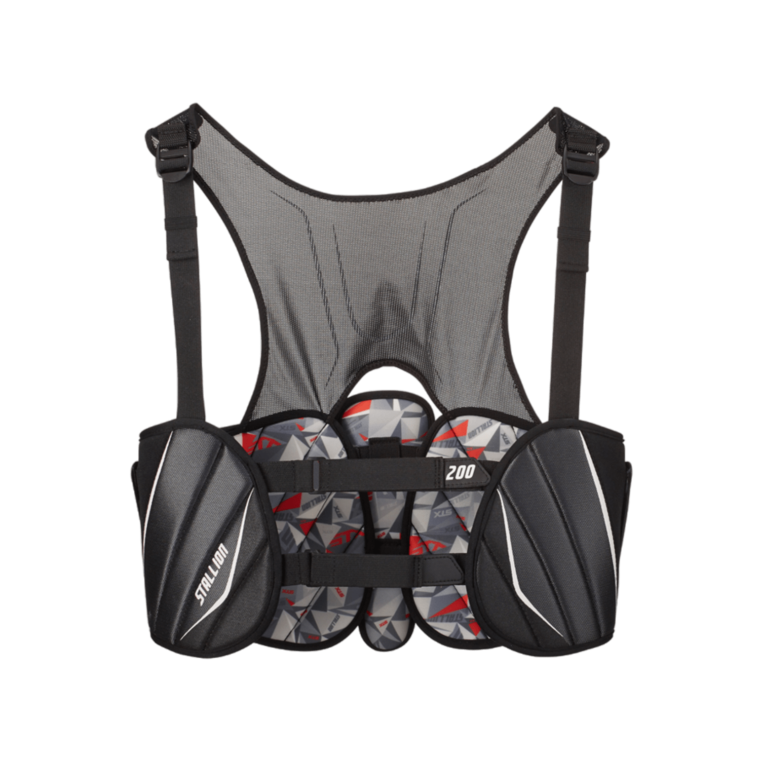 A black chest protector with adjustable shoulder straps and a geometric pattern on the front panels, perfect for box lacrosse, features the "STX" brand name and "Stallion 200" product name prominently displayed on two of the panels, offering both style and safety.