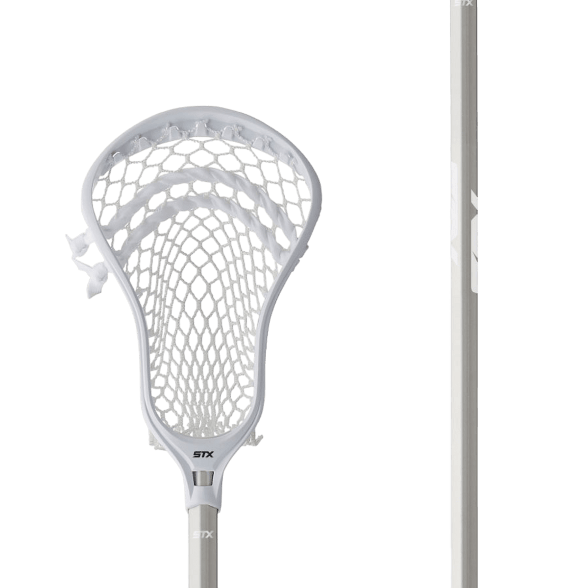 The STX Stallion 300 Complete Stick, designed for beginners, showcases its PocketSync technology and soft performance mesh against a plain background. The white stick is enhanced by a silver shaft that complements the design, with the "STX" brand name prominently displayed on both the stick head and shaft.