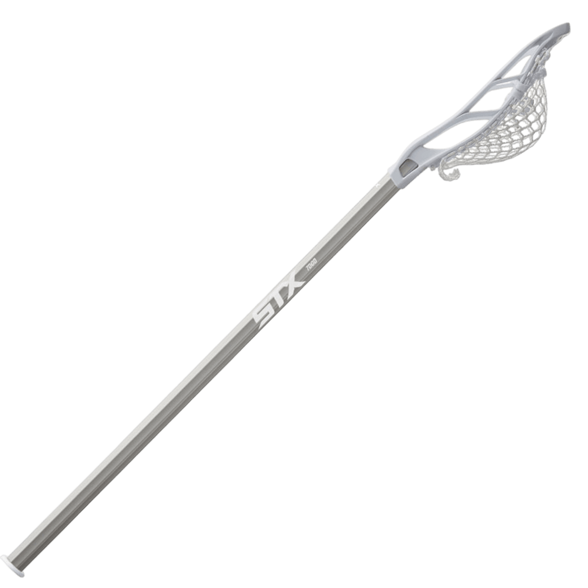 Introducing the CS ST30 B1 SM/AAX1 83/BK by STX, a beginner lacrosse stick perfect for developing players. It features a gray shaft prominently displaying the "STX" branding and a white head with woven netting. Enhanced with PocketSync technology, this diagonally angled stick exemplifies quality and precision.
