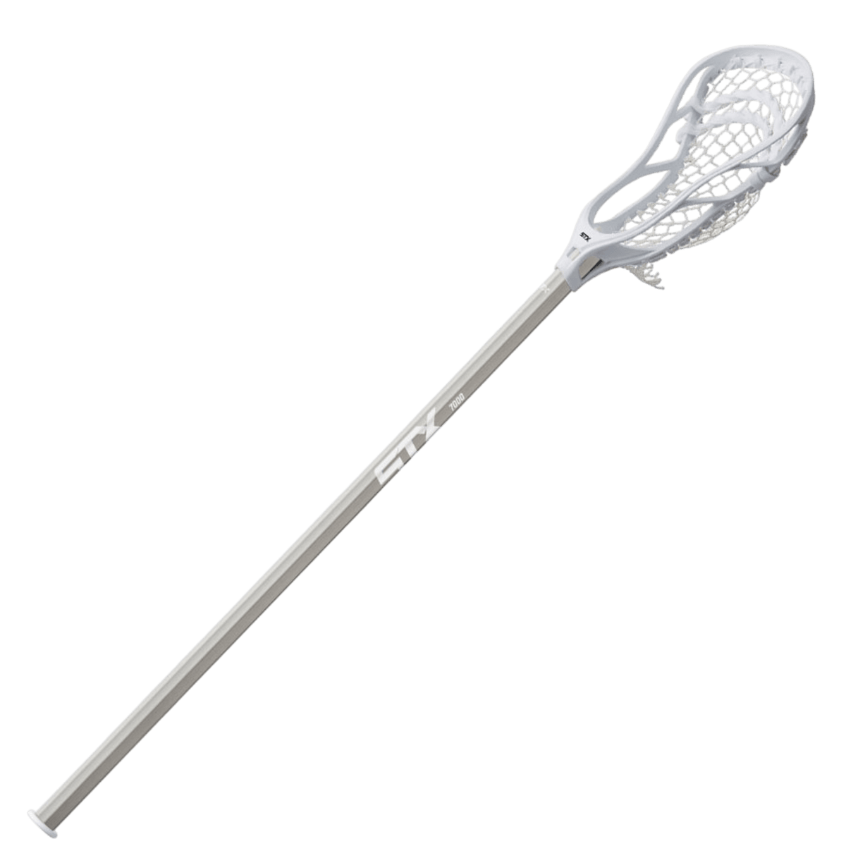 The STX Stallion 300 Complete Stick is a white beginner lacrosse stick with soft performance mesh netting at the head and a long, straight shaft, featuring PocketSync technology against a plain background.