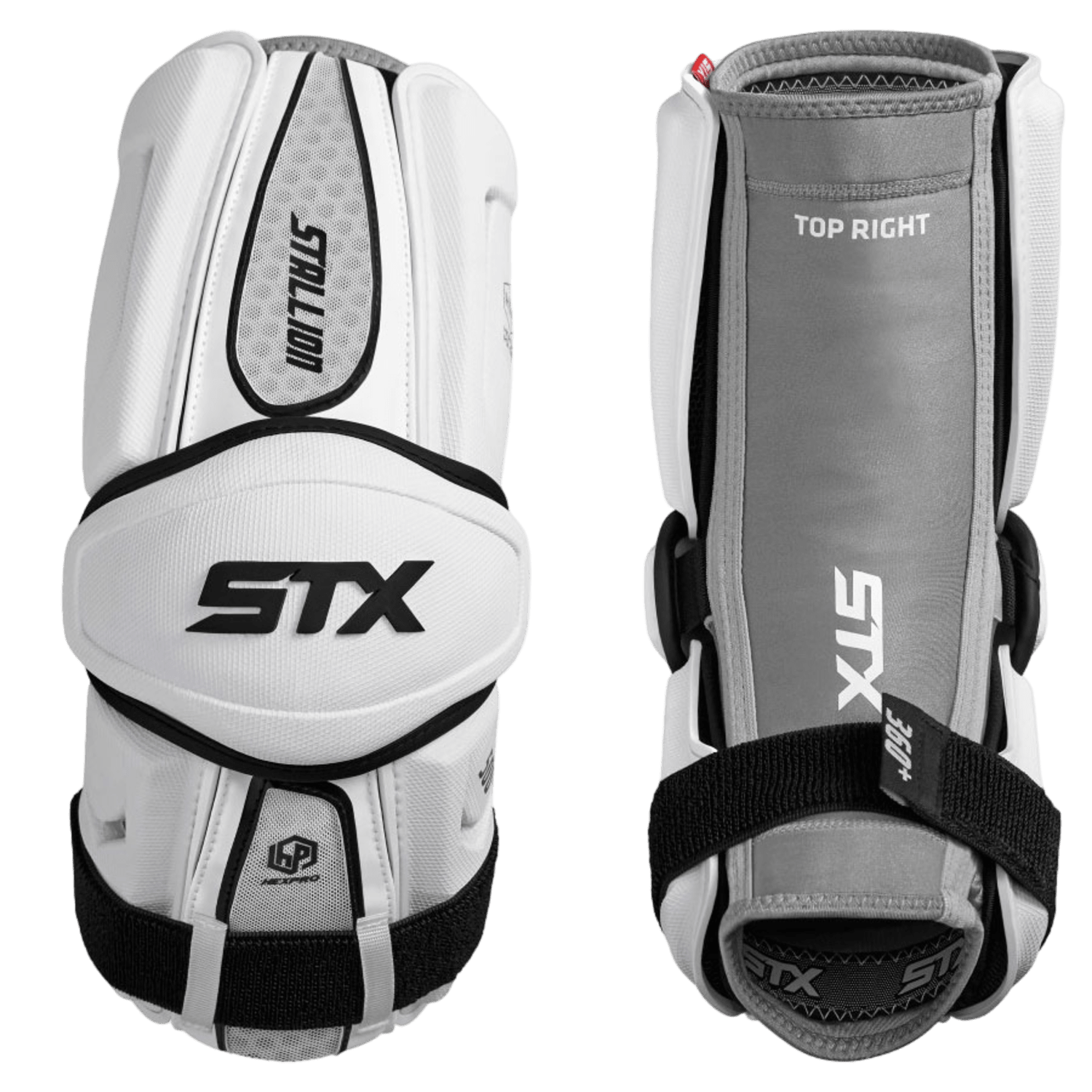 Front and back view of the STX Stallion 500 Arm Guards in white and gray. The front displays the brand's logo and model name "Stallion," while the back includes "Top Right" markings with adjustable black straps, enhanced by a 360 fastening system for secure fit.
