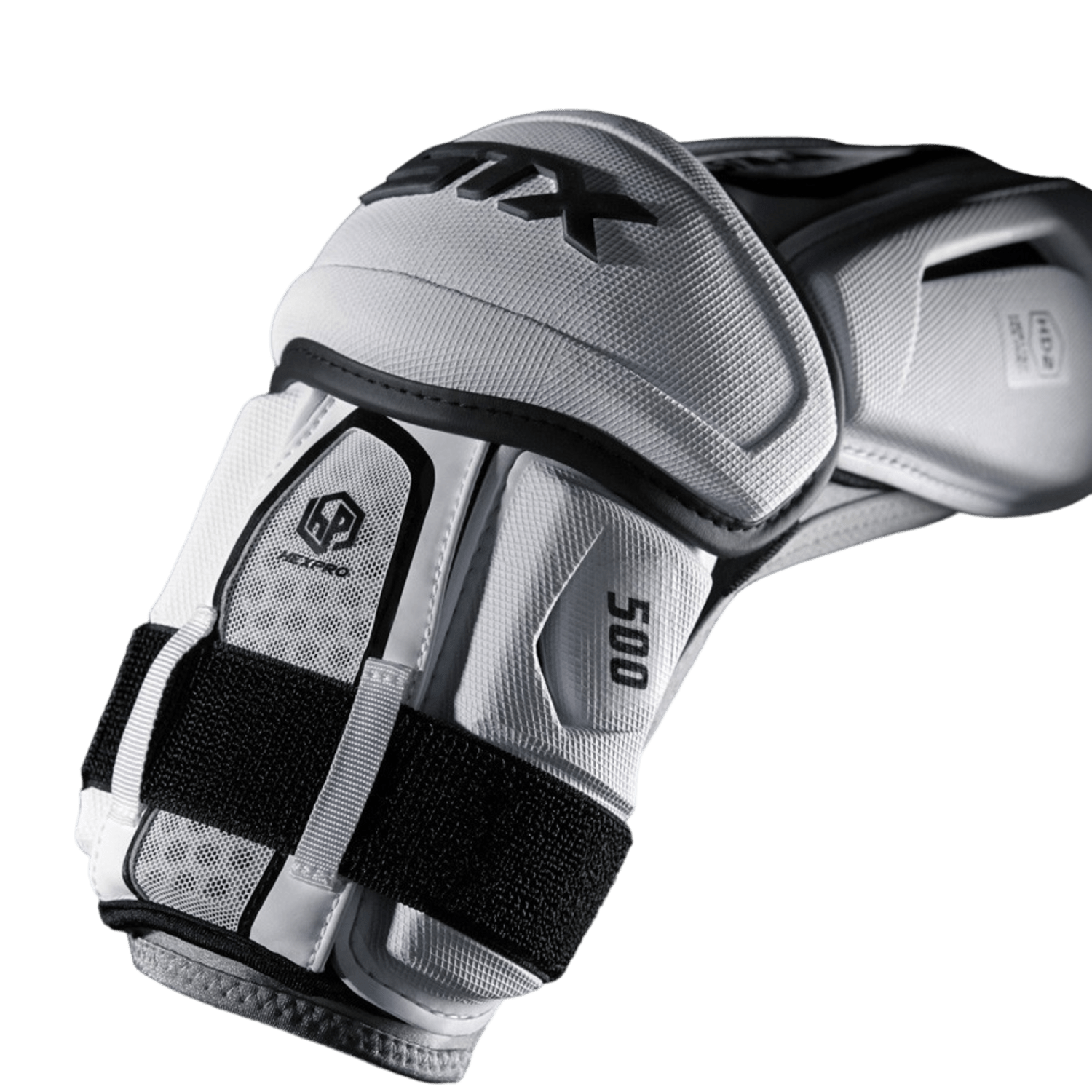 A close-up view of the STX PD AGS5 03 BK/XX sports elbow pad, showcasing its primarily gray and black design with the number "500" prominently displayed. The arm guard incorporates a fabric and strap combination to ensure a secure fit and enhanced mobility, set against a green background.