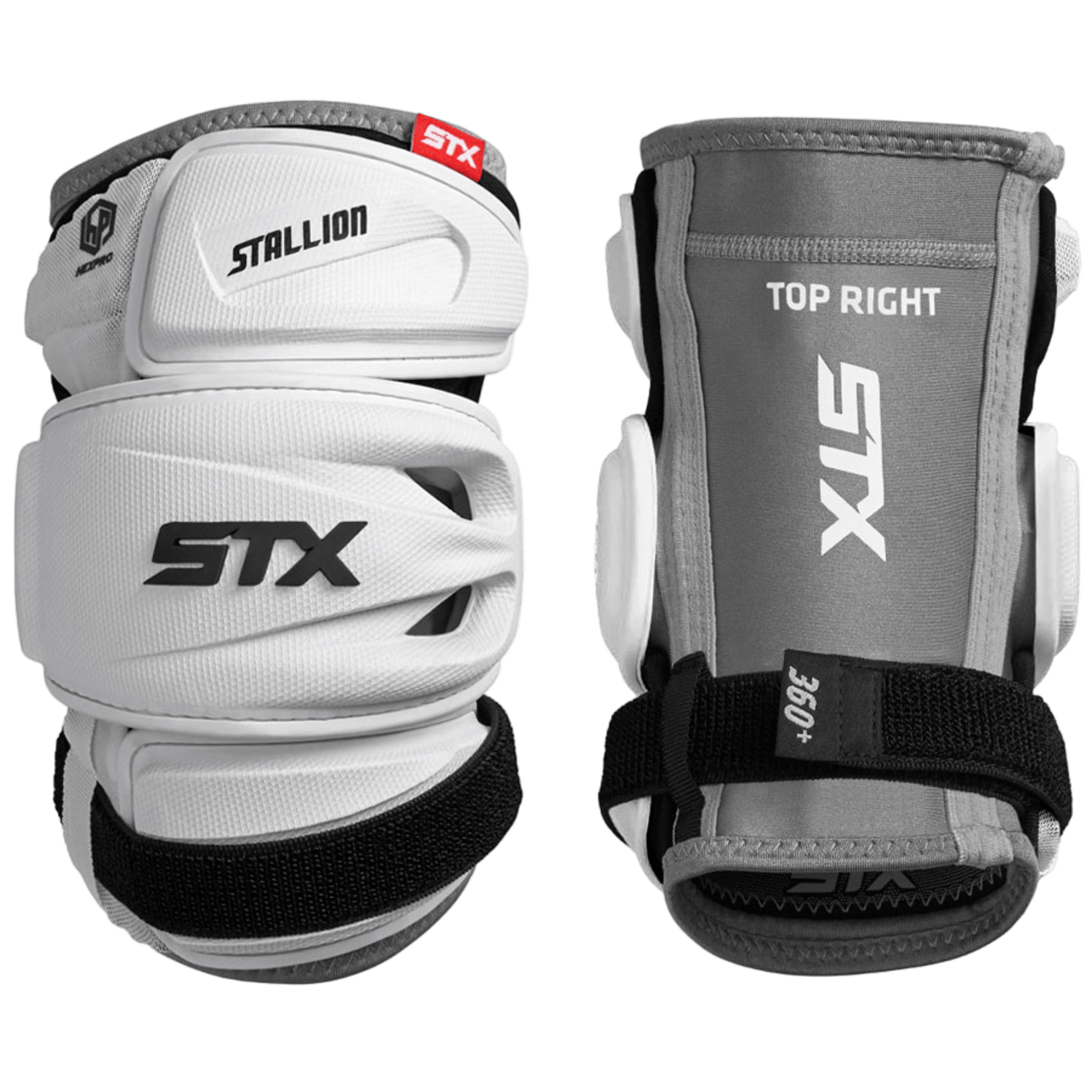 The STX Stallion 500 Arm Pads by STX feature high-definition protective padding, gray and white design, and adjustable black straps. They are labeled "Top Right" and come as a pair.