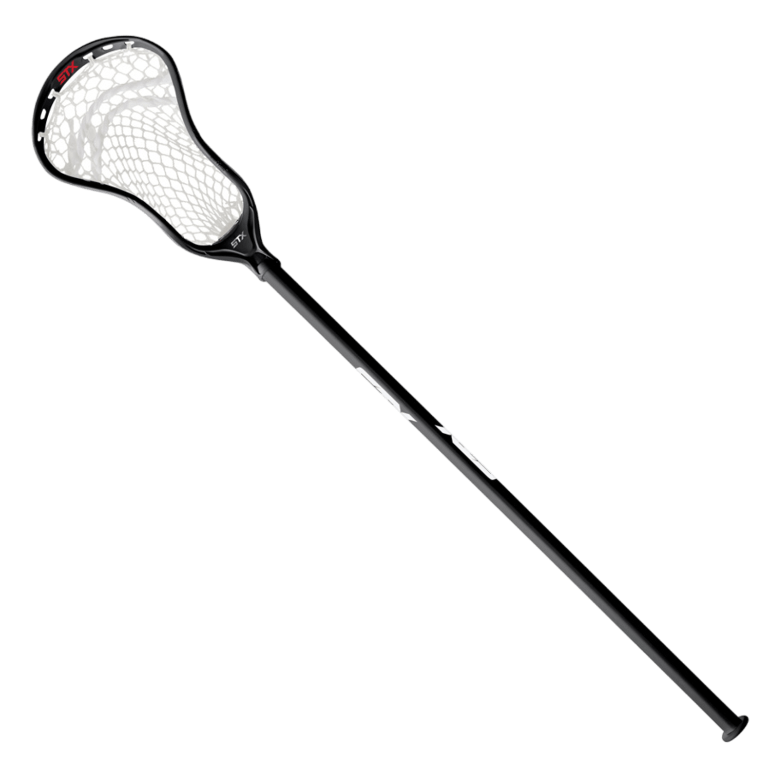 The STX Stallion 700 Fiber Complete Stick from STX is a black lacrosse stick equipped with a fiber composite shaft and white netted head, showcasing a sleek, minimal design with branded markings. Its Speed Scoop feature enhances play against the plain background.