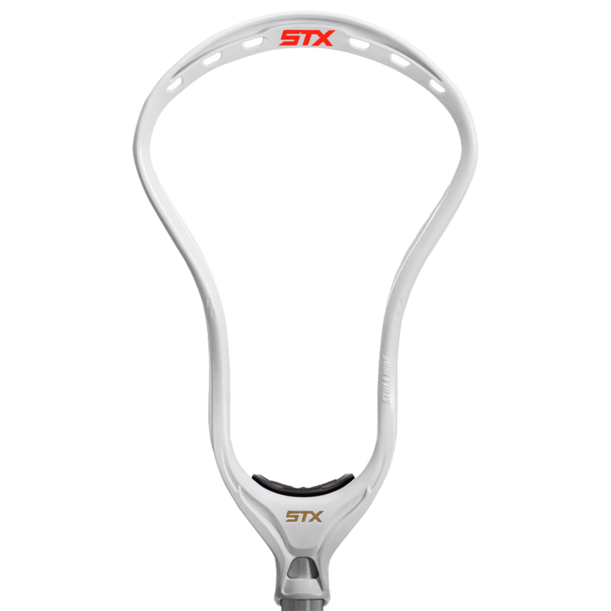 The image features the STX Stallion 700 Enduraform Lacrosse Head, showcasing its classic white design with the iconic "STX" branding in red at the top. It includes multiple stringing holes for net attachment and boasts Speed Scoop technology to improve ground ball play.