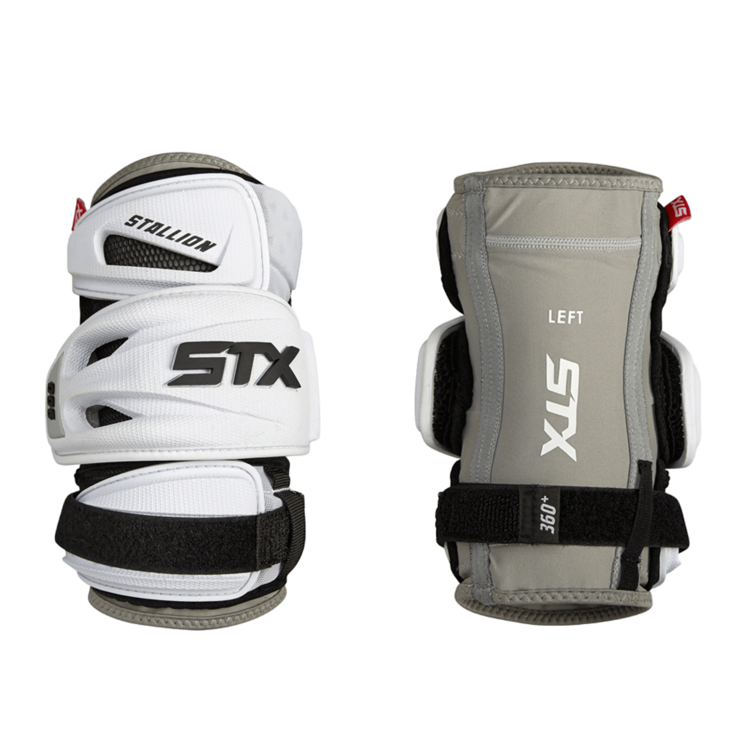 The STX Stallion 900 Arm Pads are featured in two variants: one with a white base, black STX branding, and a red logo on the strap; the other is gray with the "LEFT" label, displaying similar branding. These pads offer a flexible design ideal for protective sportswear in high-intensity games.