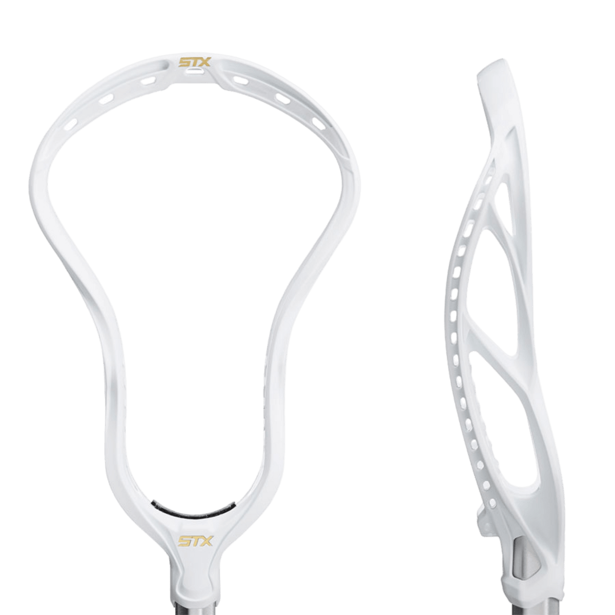 Two views of the HD ST90 BK XX/BOM, a top-tier midfield lacrosse head from STX, are shown: one facing front and the other from a side angle. The head features multiple holes for custom stringing and boasts a sleek, aerodynamic design.
