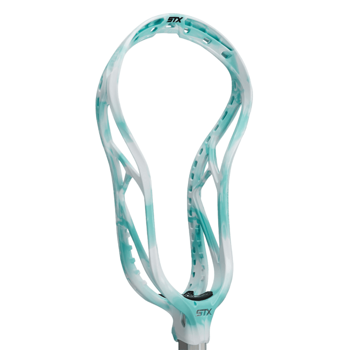 The STX Surgeon 900 Lacrosse Head, showcasing a white and turquoise color scheme with a sleek, lightweight design, features a webbed pattern and displays the "STX" brand prominently at both the top and bottom. It offers Premier Custom Stringing, making it ideal for players seeking precision. The background is transparent.