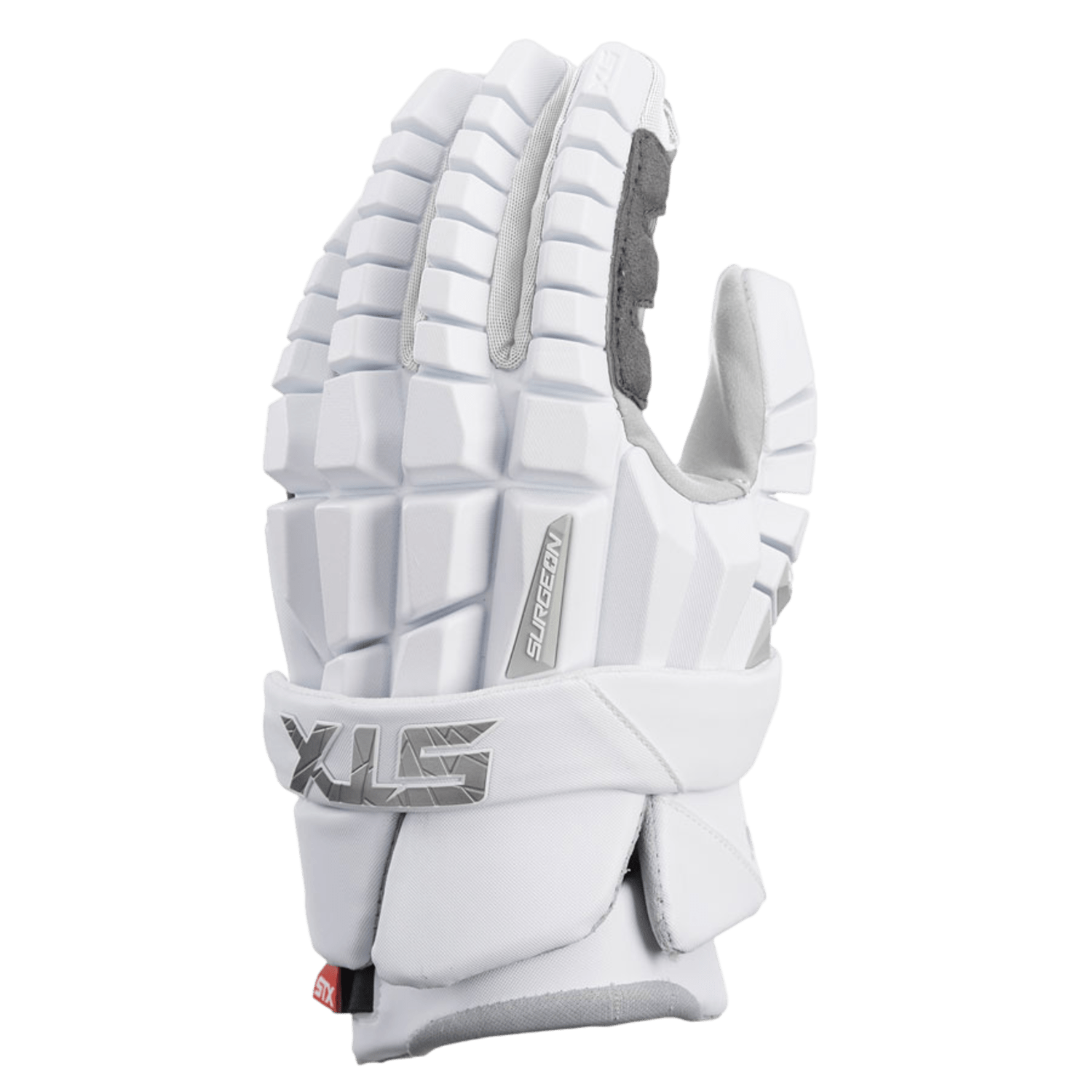The STX Surgeon RZR Lacrosse Gloves are designed for right-handed players and feature a white color with gray accents. They offer protective padding and sport the brand name "STX" in silver on the wrist. The gloves include articulated finger and thumb protection, along with 2nd SKIN palm technology for improved grip and comfort.