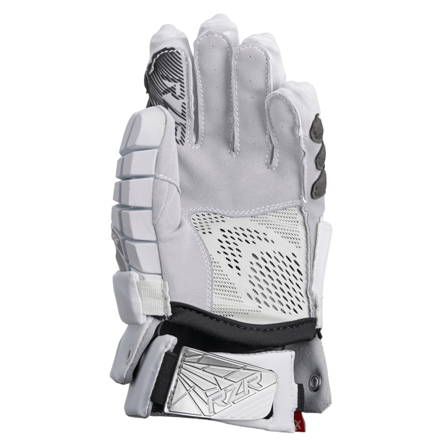 A single STX Surgeon RZR Lacrosse Glove in white, featuring Ax Suede palm technology and protective padding on the fingers and knuckles. Designed with mesh fabric for breathability, it includes a Velcro strap for wrist adjustment. The glove showcases grey accents and a geometric pattern similar to high-end lacrosse gloves.
