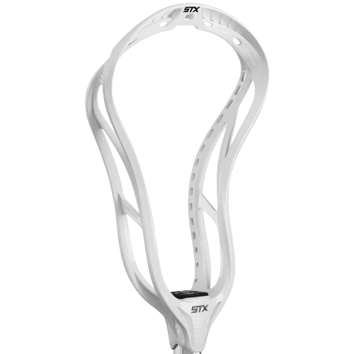 The STX HD UPWR BK XX/BOM, a sleekly designed lacrosse head in white, prominently features the iconic STX logo at both the top and bottom. With its advanced Power Ramp technology, it is expertly isolated against a plain background.