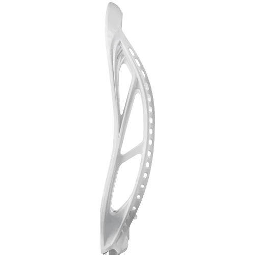 A side view of the STX Ultra Power Lacrosse Head from STX showcases its aerodynamic design, featuring a Speed Scoop and multiple stringing holes along its edges. Its smooth, curved shape is enhanced by Power Ramp technology for optimal performance.