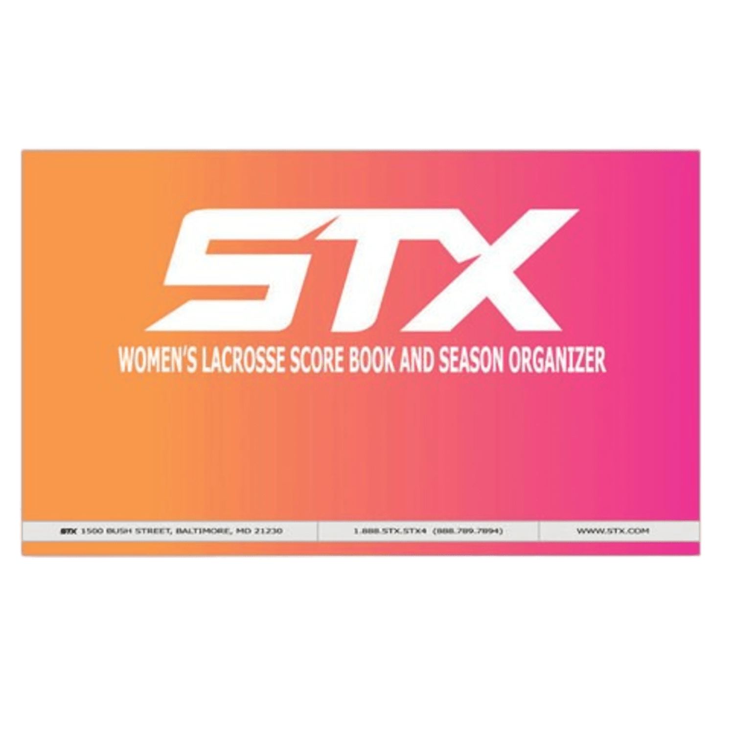 The STX Women's Lacrosse Scorebook, designed with a gradient background transitioning from orange to pink and adorned with the brand's white "STX" logo, is perfect for collegiate programs. It includes contact information and website details at the bottom to help keep your stats organized.
