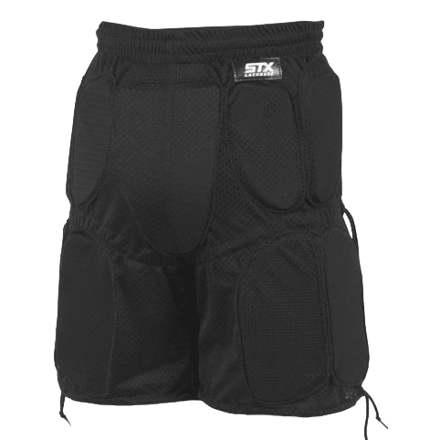 STX Youth Goalie Pants are black padded shorts with additional padding on the thighs and hips. Featuring the STX logo on the waistband, these shorts are designed for youth players, offering enhanced comfort and safety during intense sports activities.