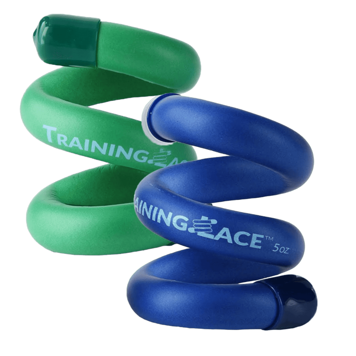 The TrainUp Combo-Lacrosse Training Laces by TrainingLace, featuring a flexible spiral design in green and blue, are perfect for building strength with their innovative weighted construction.