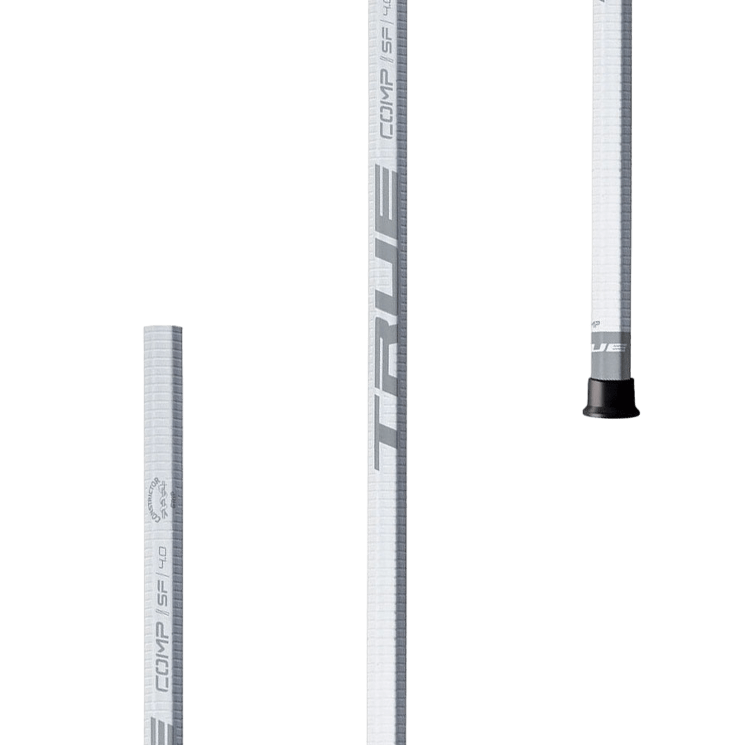 Close-up image featuring three sections of white lacrosse shafts with gray text. The prominent center shaft displays "TRUE" vertically, showcasing a textured surface and modern design. These are from the TRUE Comp 4.0 Constrictor Grip Lacrosse Shaft collection by TRUE.