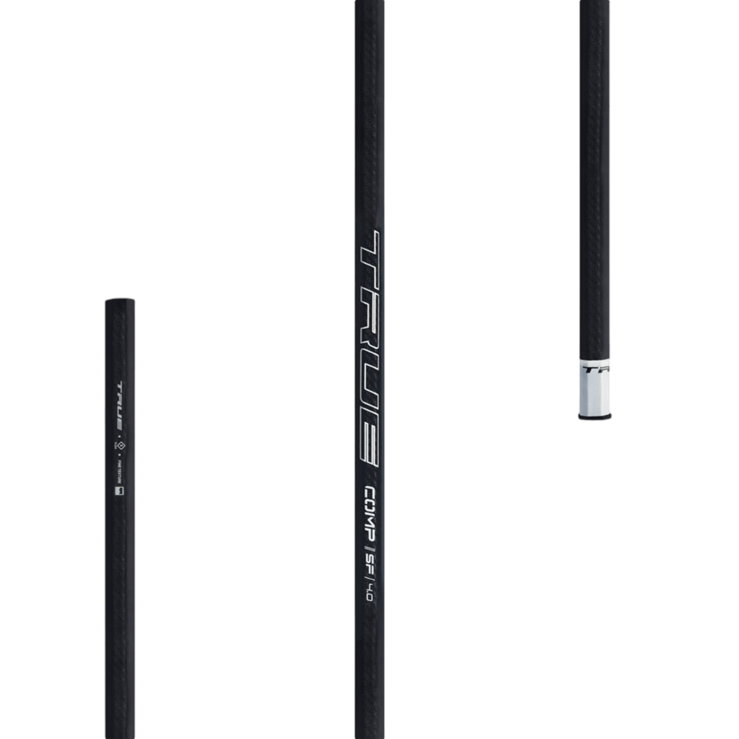 Close-up image of a black hockey stick shaft featuring the white "TRUE" branding and the model name "Comp 4.0 Defense" in silver. The sleek, matte finish showcases Smart Ply fiber, enhancing its durability. A silver accent embellishes the top end. Background is transparent.
