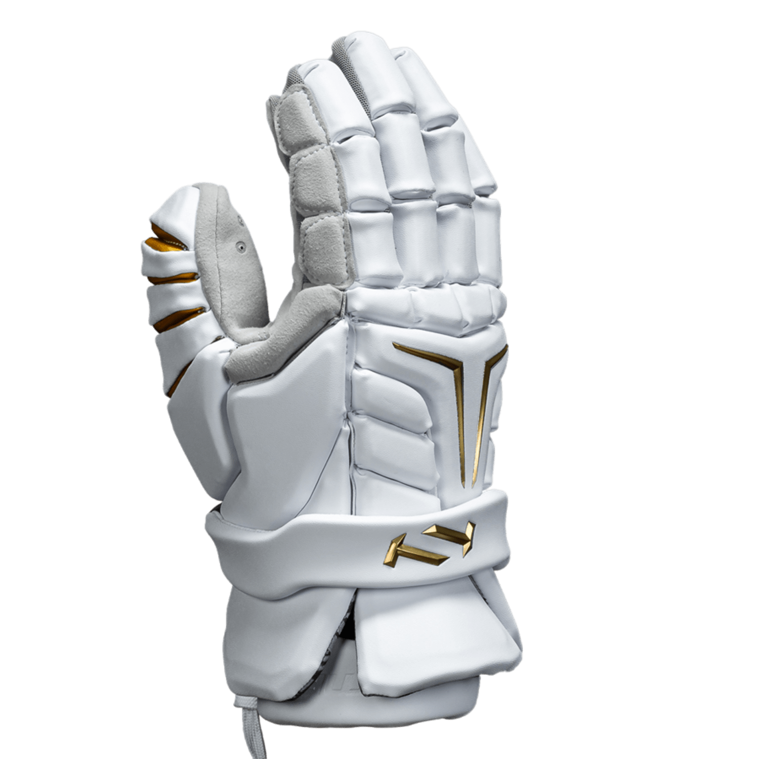 The TRUE Dynamic Lacrosse Glove is displayed against a green background, showcasing a white padded design with a gold logo and accents. Equipped with X-Tec impact protection and an adjustable wrist strap, this glove is specifically designed for left-handed use, providing superior safety.