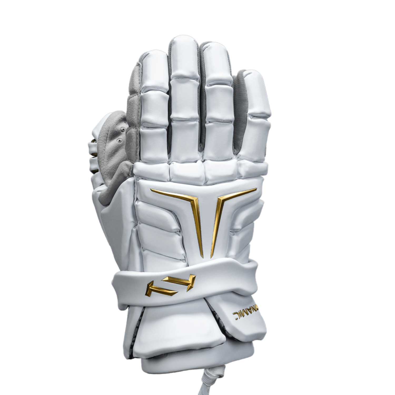 Introducing the True Dynamic Lacrosse Gloves by TRUE: These white padded sports gloves feature stylish golden accents and prominently display a logo on the back. Equipped with X-Tec impact protection, they are specifically designed for lacrosse players, offering segmented finger protection and a secure wrist strap highlighted by arrow indicators for easy adjustability. Presented against a plain green background.