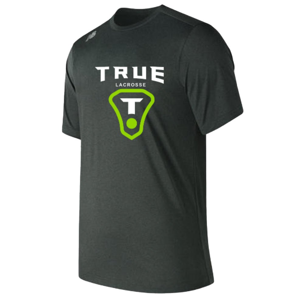 The TRUE New Balance SS Tech T-Shirt by New Balance is a men's short-sleeve sports t-shirt in dark green, made from performance fabric. It prominently displays "TRUE LACROSSE" in bold white letters across the front, with a distinctive stylized "T" logo in green and white beneath it.