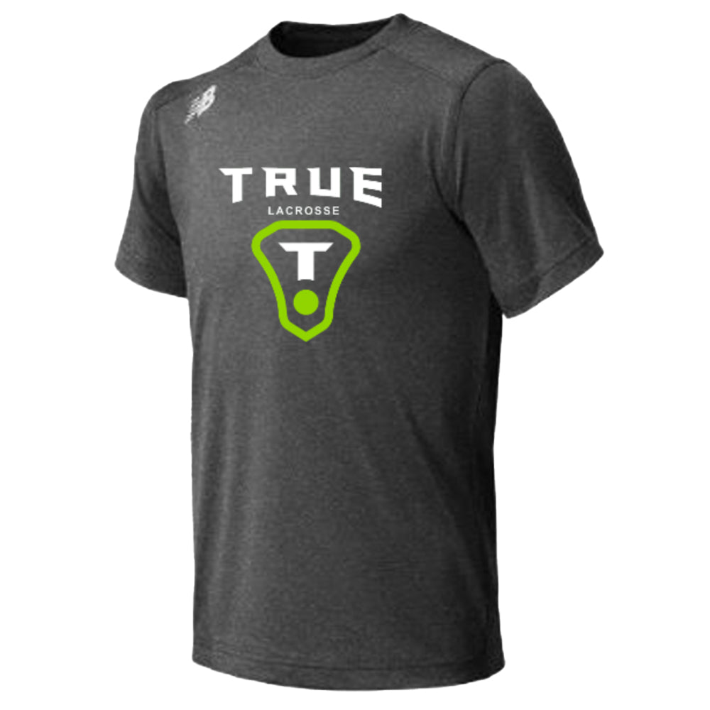 This TRUE New Balance Youth SS Tech T-Shirt is a dark gray shirt showcasing the "TRUE LACROSSE" logo in white lettering. It features an athletic fit with a green stylized T symbol and a small white circle at the base on the front, crafted from sweat-wicking fabric for added comfort.