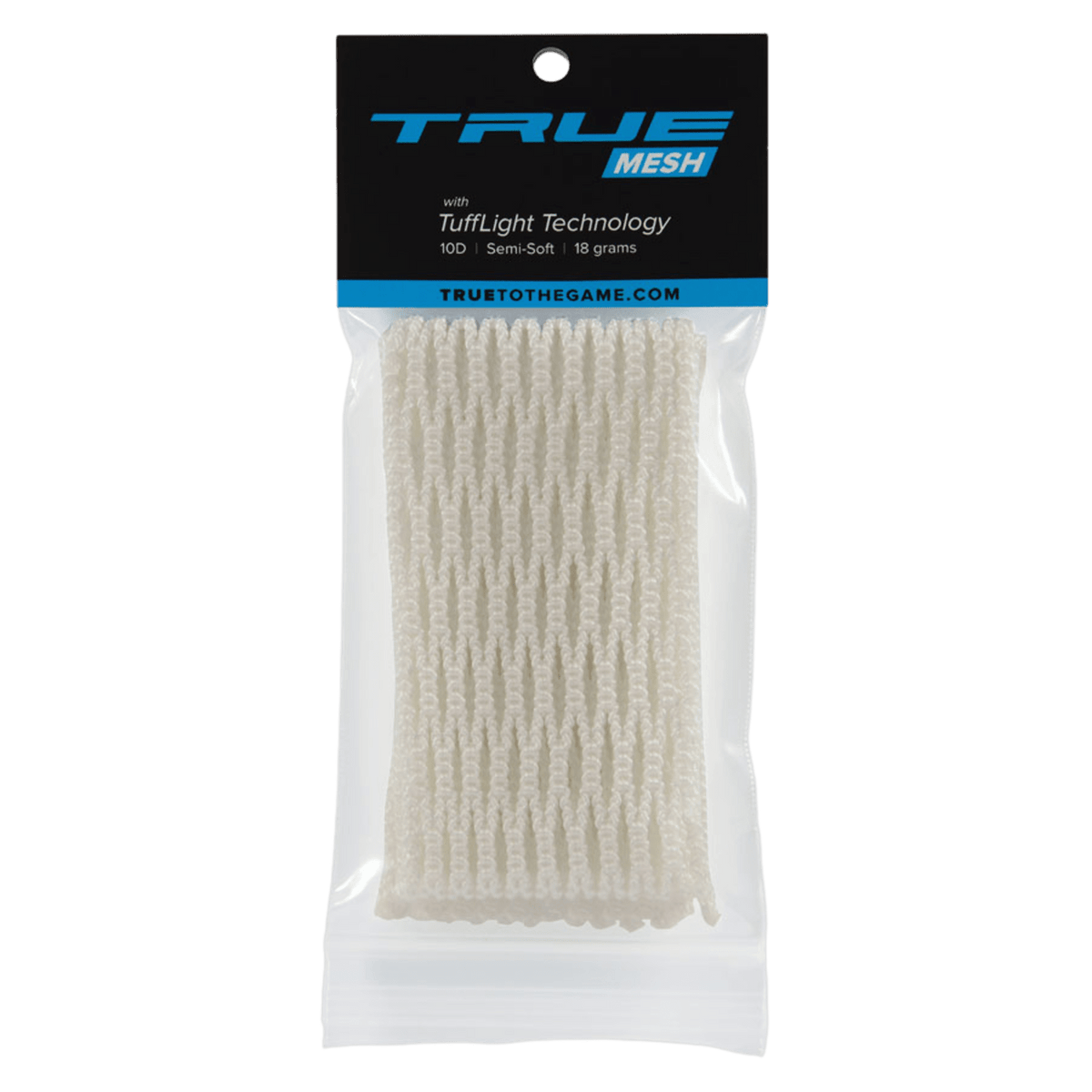 A package containing a sheet of True Mesh, featuring 10-diamond white lacrosse mesh with TuffLight Technology, is enclosed in clear packaging with a black and blue header showcasing the TRUE brand name and product details.