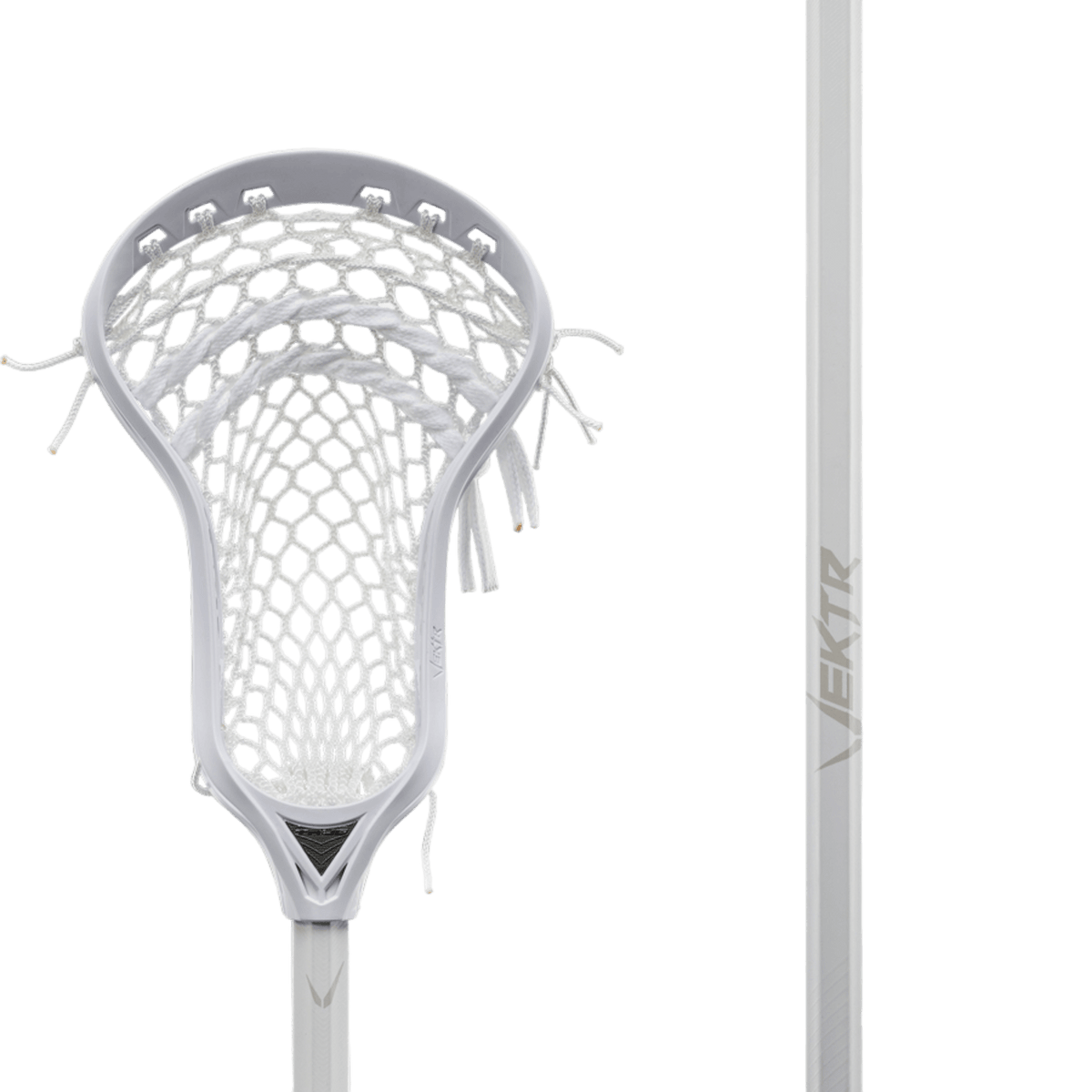 A close-up image of the TRUE VEKTR 2022 Complete Stick highlights its distinctive ProSTIFF flex profile and HexNine mesh pocket. The shaft elegantly displays the word "TRUE" against a transparent background.