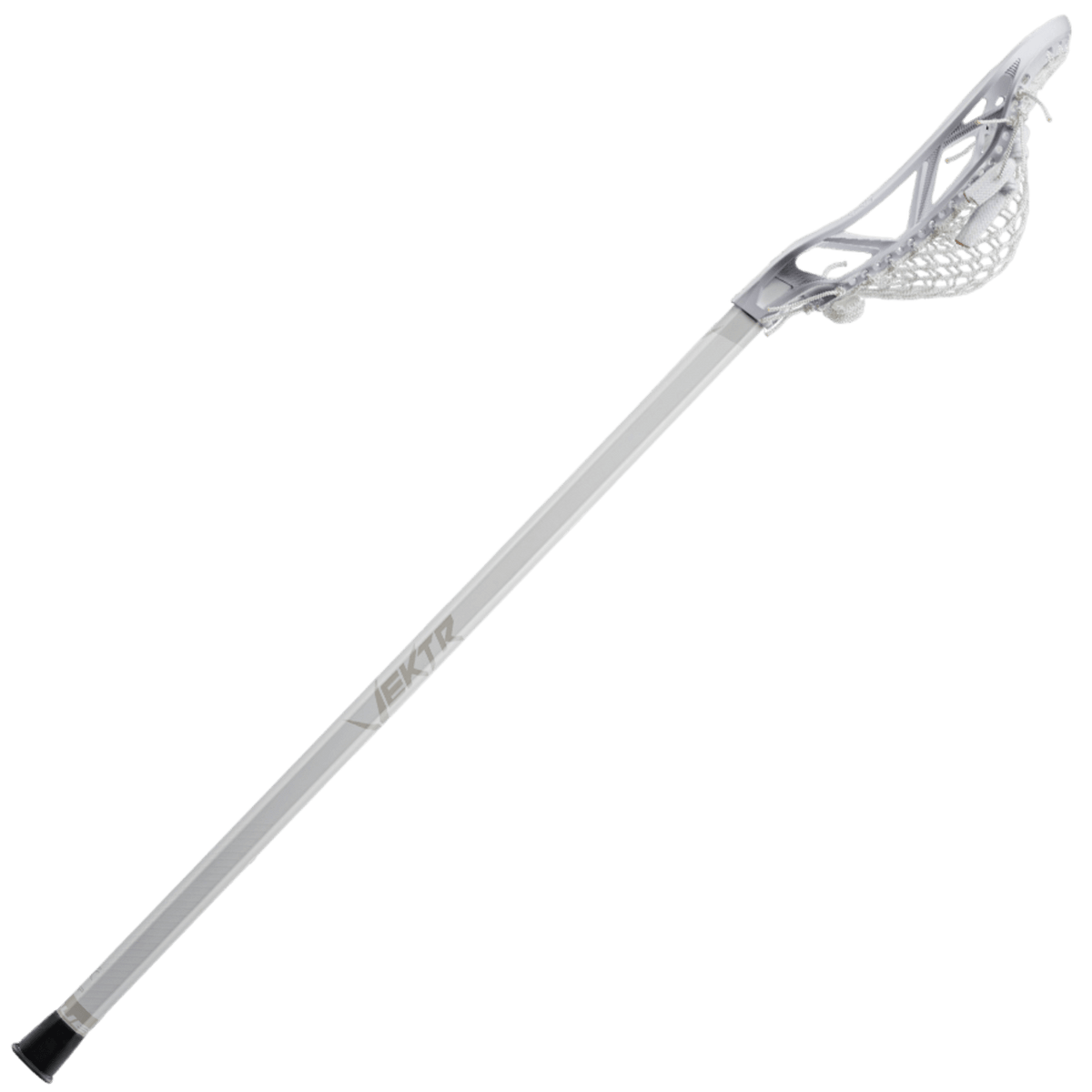 The True VEKTR 2022 Complete Stick by TRUE features a sleek silver design with a HexNine pocket nestled in the mesh net at the head, along with a sturdy ProSTIFF flex profile on the shaft and a black end cap, all set against a transparent background.