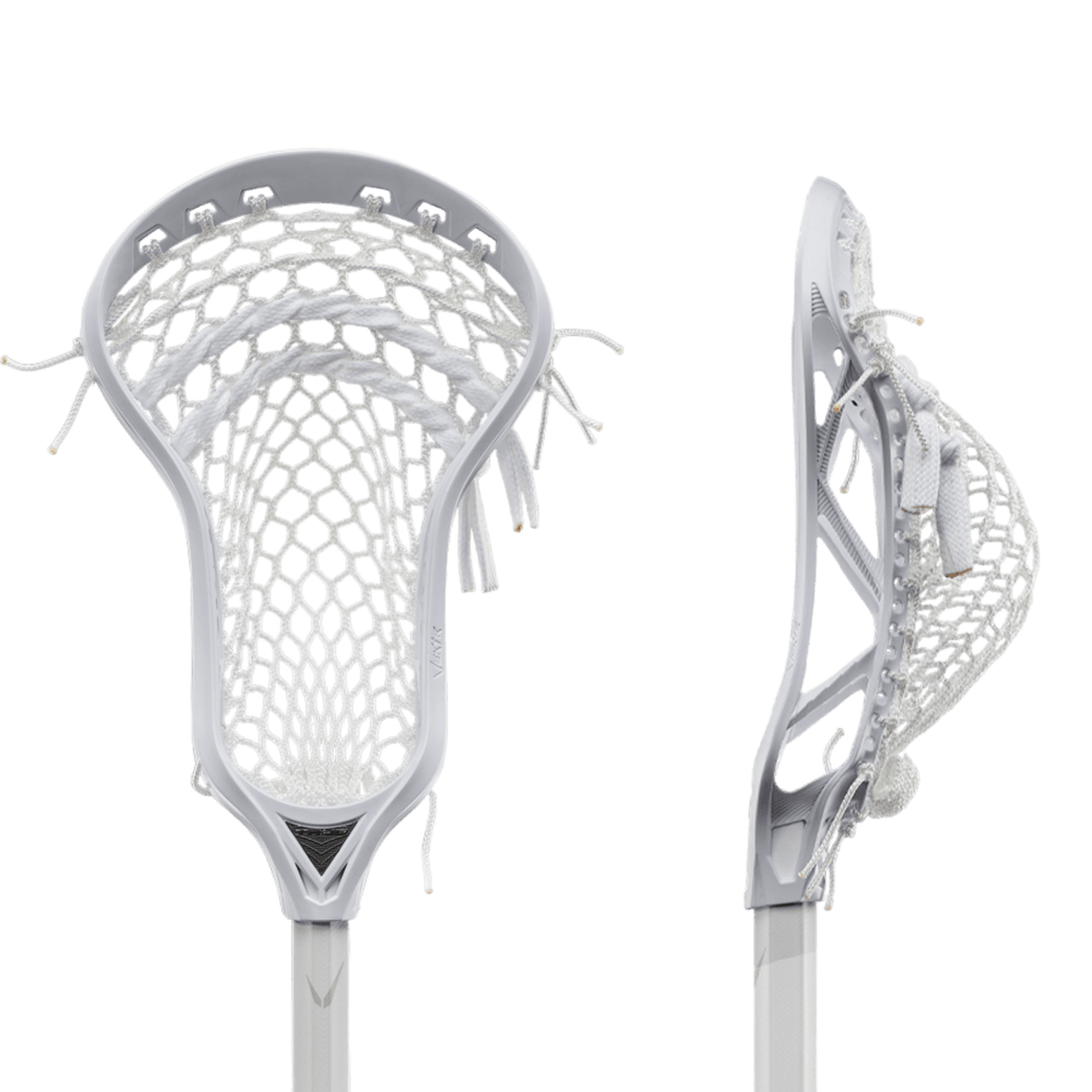 The True VEKTR 2022 Complete Stick, designed by TRUE, is displayed from both a front and a side perspective. This lacrosse stick head showcases an advanced ProSTIFF flex profile, complemented by intricate netting and a sleek design that integrates the cutting-edge HexNine pocket for improved performance.