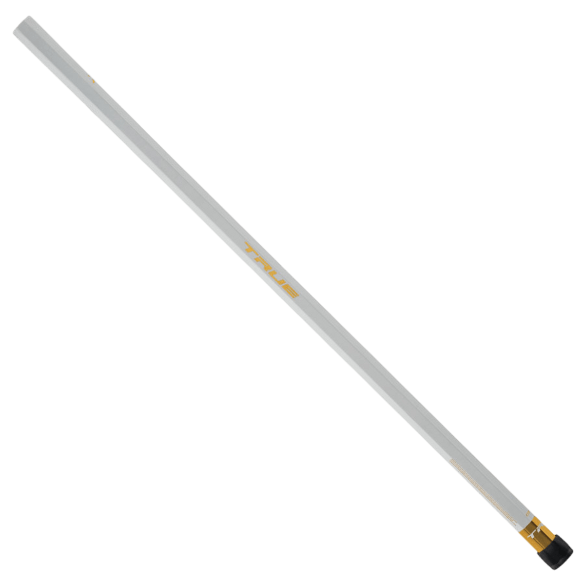 Introducing the True Women's Helios Lacrosse Shaft: Featuring groundbreaking super light handle technology, this shaft showcases a sleek white design with an elegant black finish, complemented by gold-colored text along the side for a sophisticated touch.