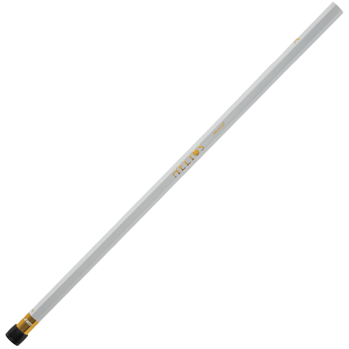 A long, white pencil adorned with a black eraser and gold accents showcases the word "HELIO" in gold along its side. Its design is inspired by TRUE's women's Helios lacrosse shaft technology, providing an ultra-lightweight handle for easy use.