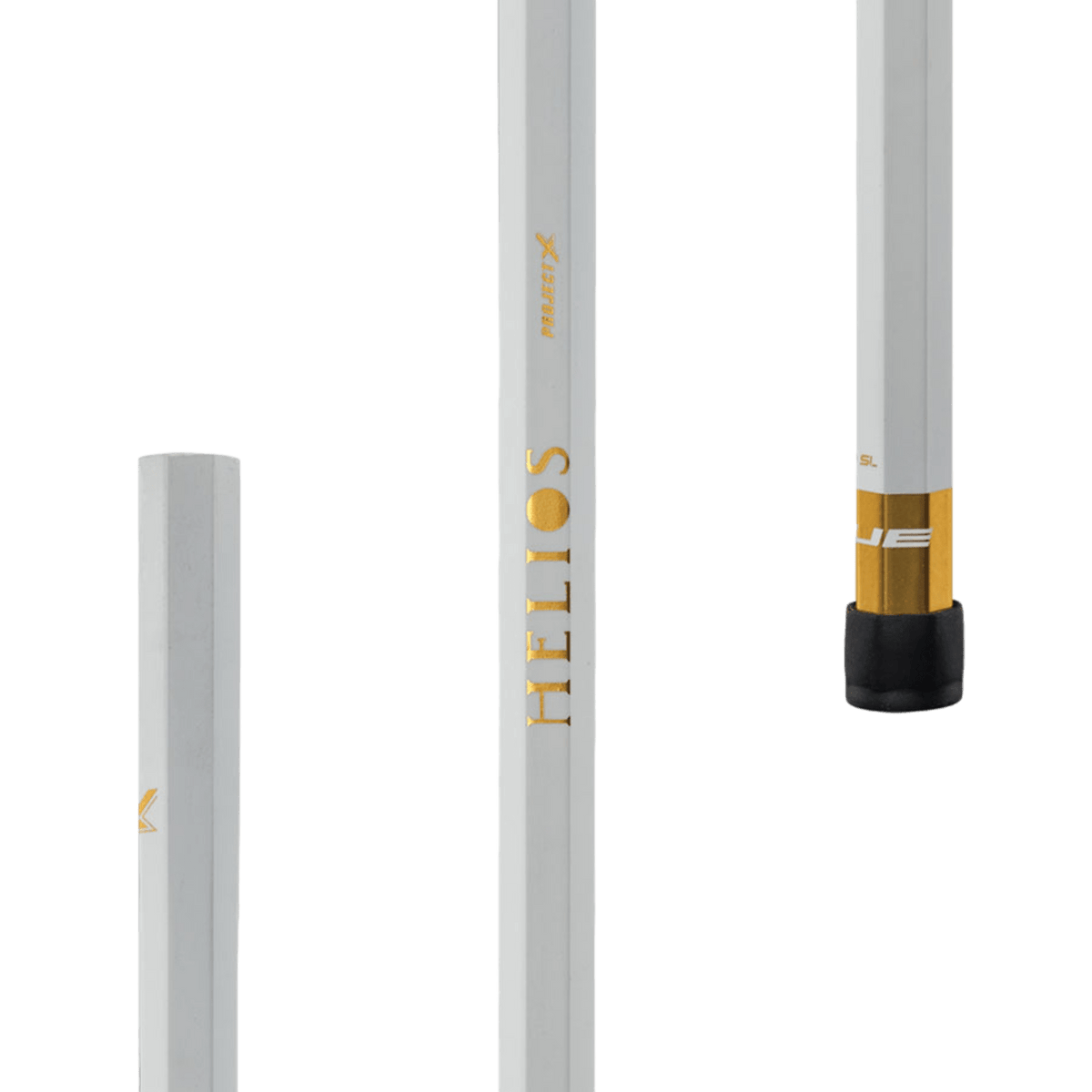 A detailed view showcases three white lacrosse shafts adorned with gold accents. The text "HELIOS" is prominently displayed on one, highlighting the True Women's Helios Lacrosse Shaft by TRUE. These shafts, equipped with super light handle technology, are arranged vertically against a green background, emphasizing their sleek design.