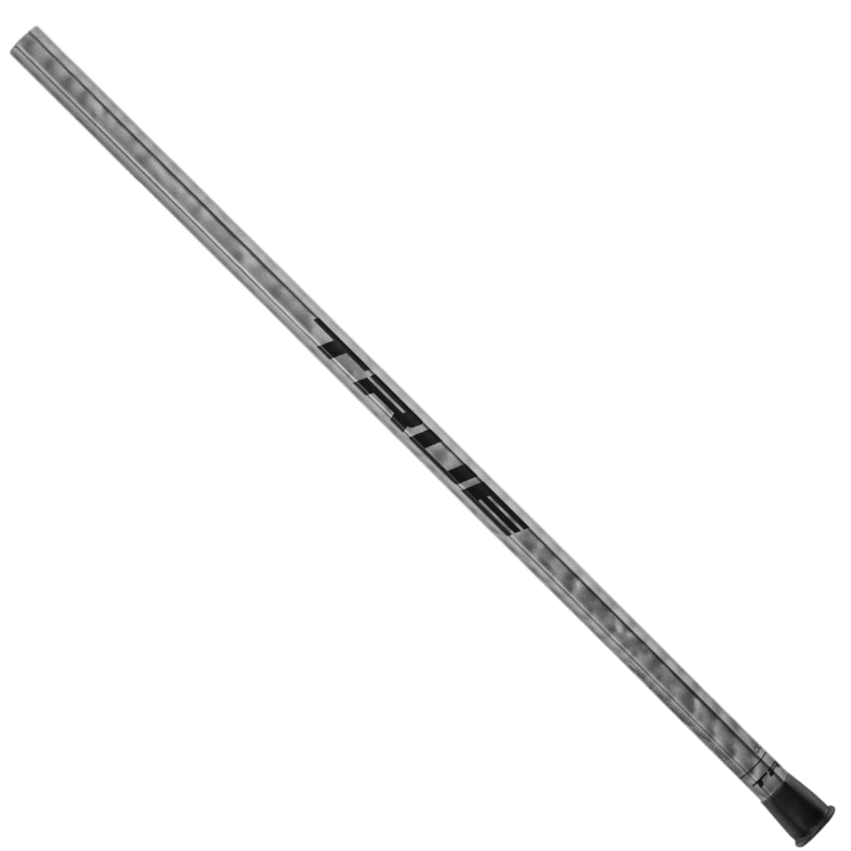 A carbon fiber lacrosse shaft from the TRUE brand, model LAX-20-CO-HND-SMK-W32-SV, features a black grip and the word "TRUE" prominently printed in bold black letters. The shaft has a sleek, metallic finish and incorporates SmartPlay fiber technology for enhanced performance, along with a textured surface for improved grip.