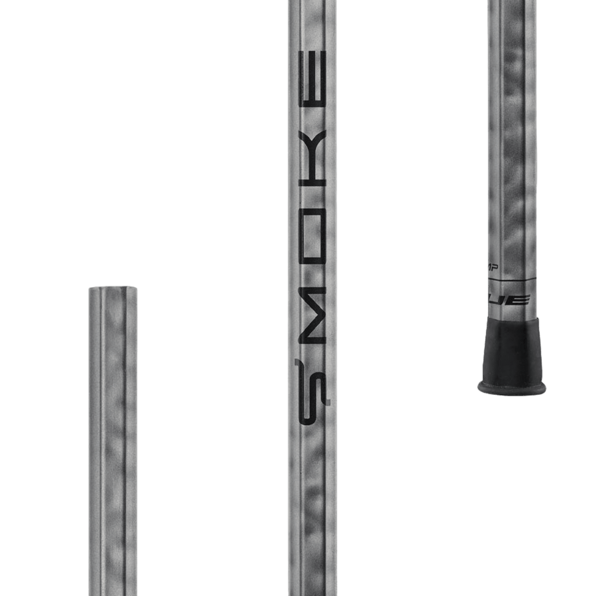 Three silver LAX-20-CO-HND-SMK-W32-SV baseball bats by TRUE, each with a textured finish and prominently displaying the word "SMOKE." They are enhanced with SMARTFLX dynamic flex profile, and the image highlights different parts of the bats, such as handles and barrels, set against a plain background.